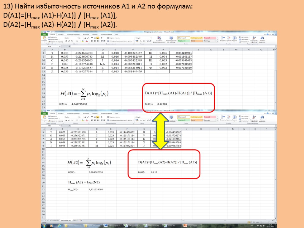 13) Найти избыточность источников А1 и А2 по формулам: D(А1)=[Hmax (A1)-H(A1)] / [Hmax (A1)],